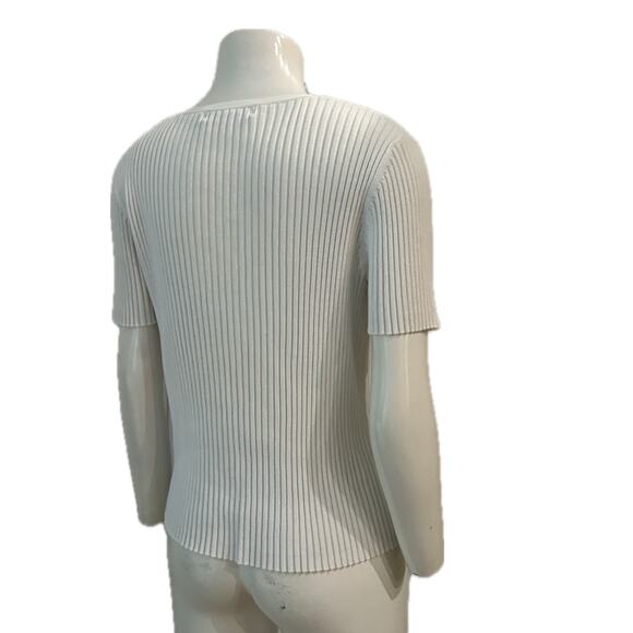 Vintage White Lace up Knit Top Ribbed Sweater Tee Short Sleeve - M/L - - Picture 3 of 5